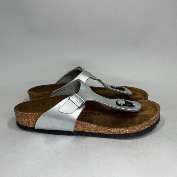 Birkenstock Gizeh Sandals Girls Size 3 Silver Toe Post Comfort Casual Flip Flops - Picture 1 of 8
